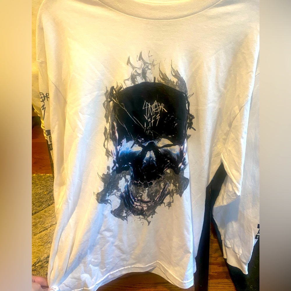 White streetwear longsleeve. Gnarcotic. graphics on both sleeves/front. Size M